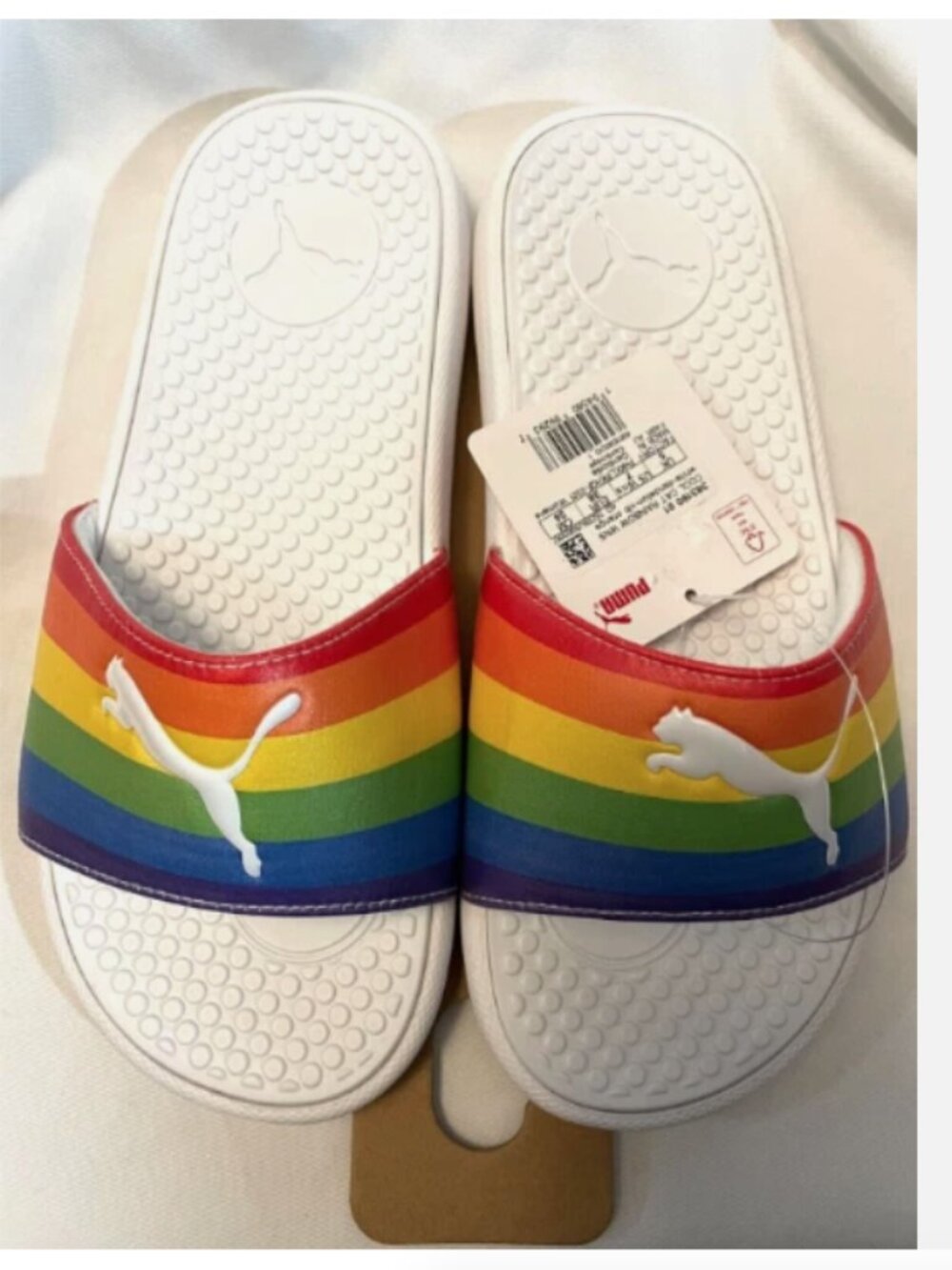 PUMA Slides Womens 7 Cool Cat Rainbow Pride Cushioned Footbed Sandals White